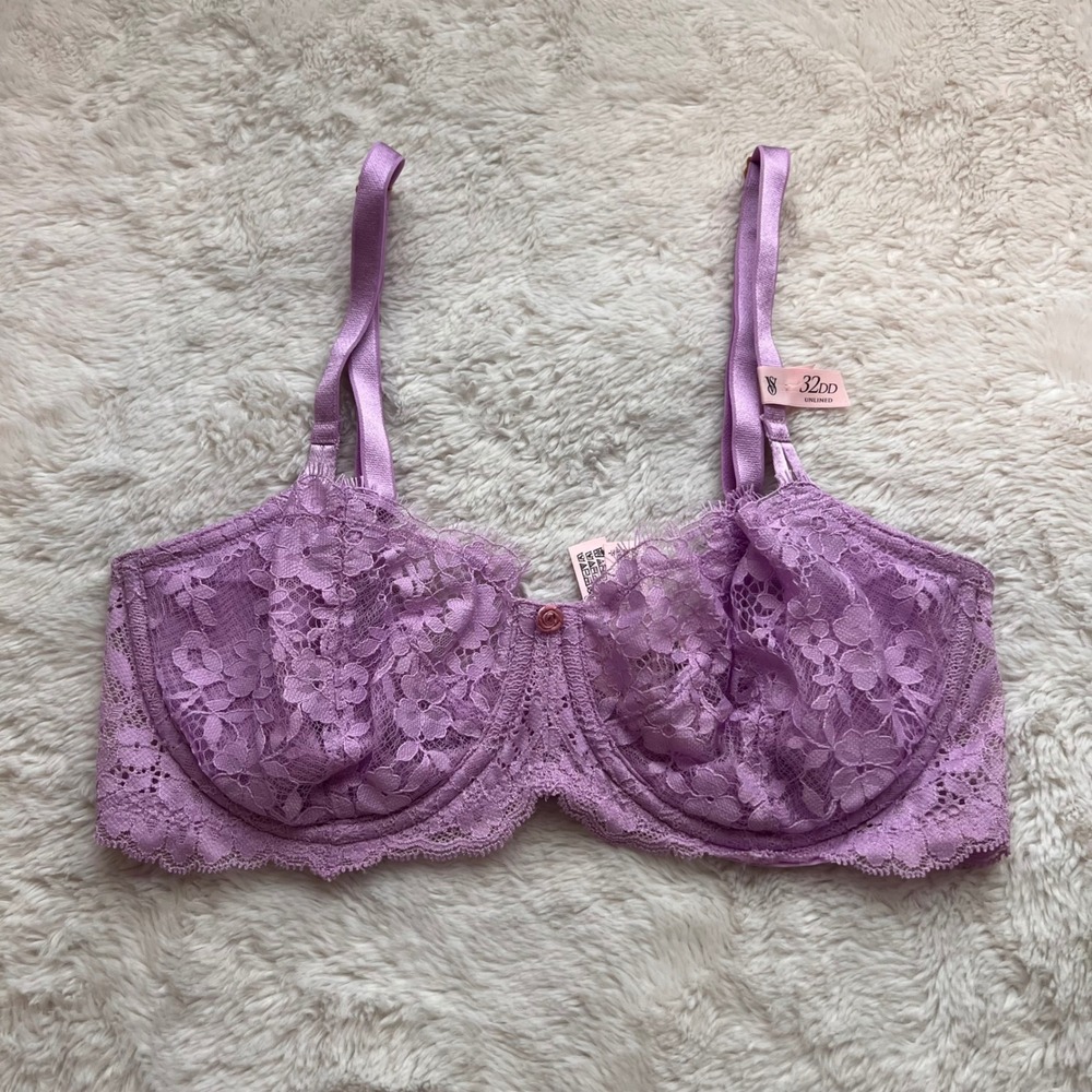 Victorias Secret Purple Floral Lace Unlined Balconette Bra 32DD Underwire OG87